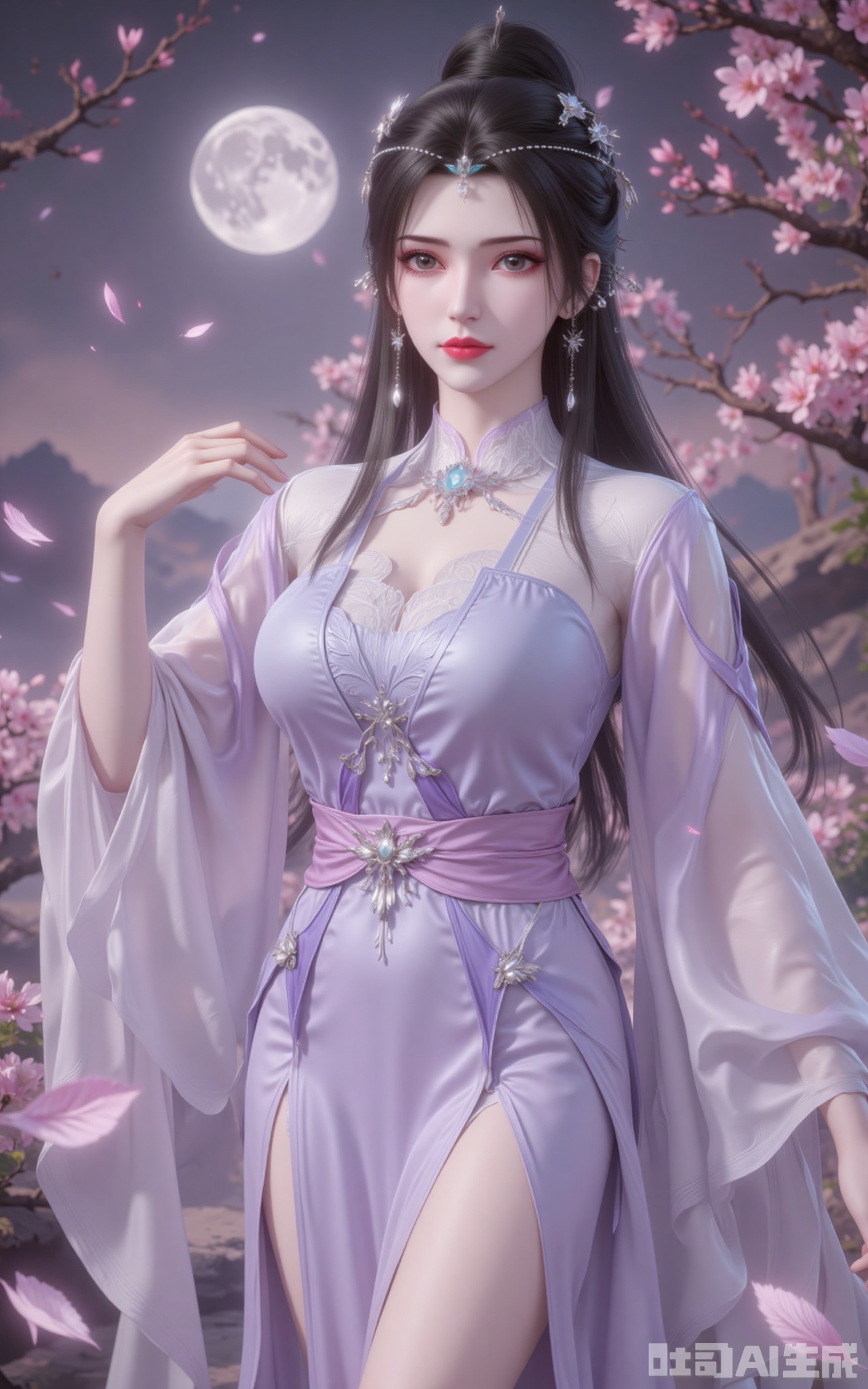 lvjing,limuwan,black hair,long hair,grey eyes,hair_bun,big breasts,white skin,headpiece,earrings, 1girl,solo,jewelry,long hair,moon,necklace,looking at viewer,branch,flower,earrings,long sleeves,bangs,wide sleeves,chinese clothes,closed mouth,forehead mark,sash,parted bangs,hand up,cherry blossoms,facial mark,full moon,upper body,petals,pink flower cover,Close-up details,outstanding style,adding a touch of dimension to your images without compromising details,close-up,


