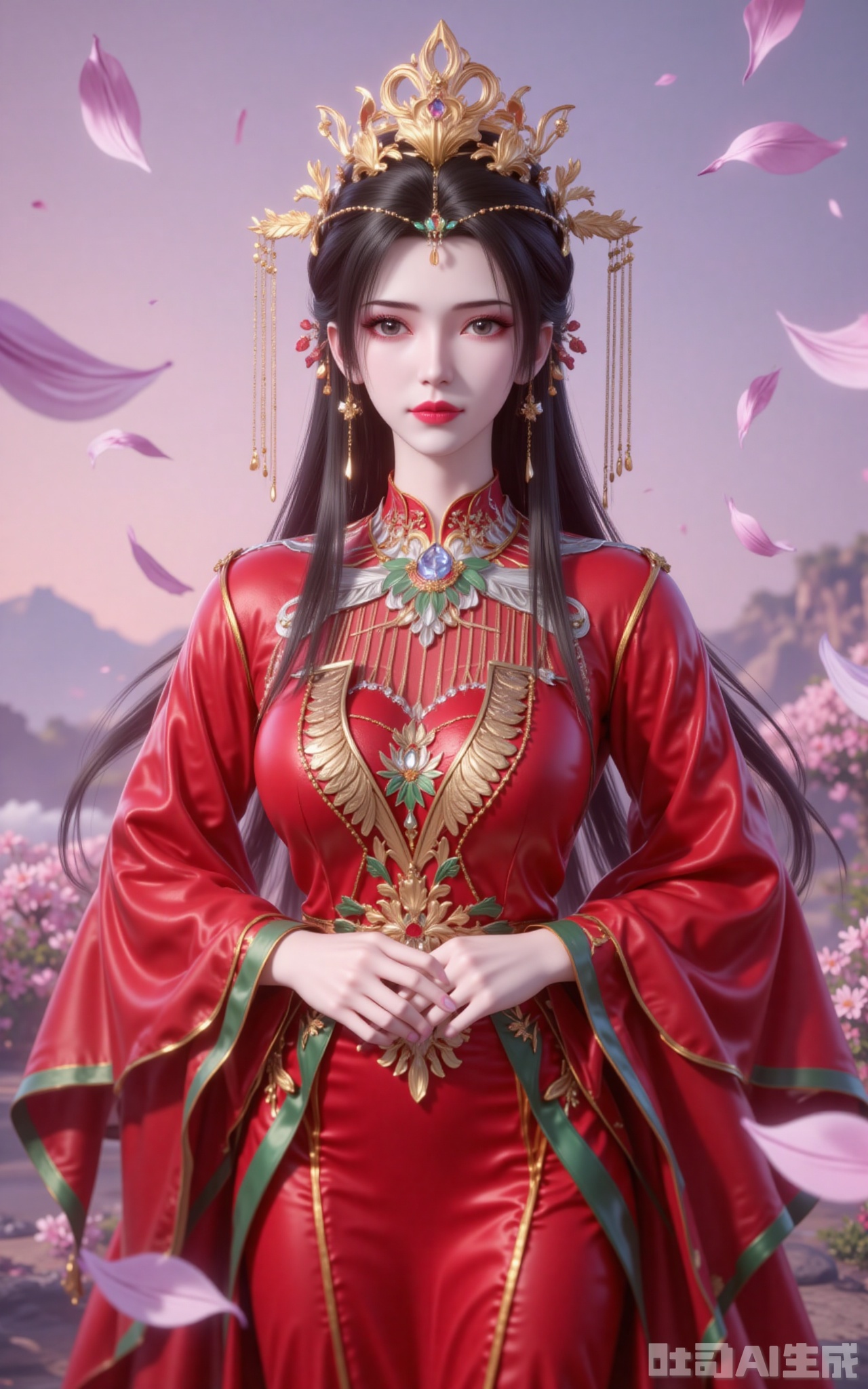 lvjing,limuwan,black hair,long hair,grey eyes,hair_bun,big breasts,white skin,headpiece,earrings, phoenix_crown,earrings,1girl,long hair,solo,falling petals,dress,flower,petals,hair ornament,long sleeves,red dress,black hair,jewelry,chinese clothes,earrings,wide sleeves,closed mouth,hands folded in the abdomen,upper body,simple background,gradient_background, cover,Close-up details,outstanding style,adding a touch of dimension to your images without compromising details,close-up,

