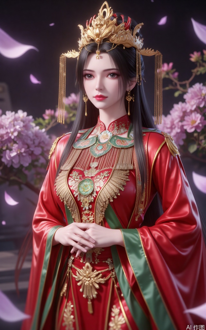 lvjing,limuwan,black hair,long hair,grey eyes,hair_bun,big breasts,white skin,headpiece,earrings,
phoenix_crown,earrings,1girl,long hair,solo,falling petals,dress,flower,petals,hair ornament,long sleeves,red dress,black hair,jewelry,chinese clothes,earrings,wide sleeves,closed mouth,hands folded in the abdomen,upper body,simple background,gradient_background,
cover,Close-up details,outstanding style,adding a touch of dimension to your images without compromising details,close-up,