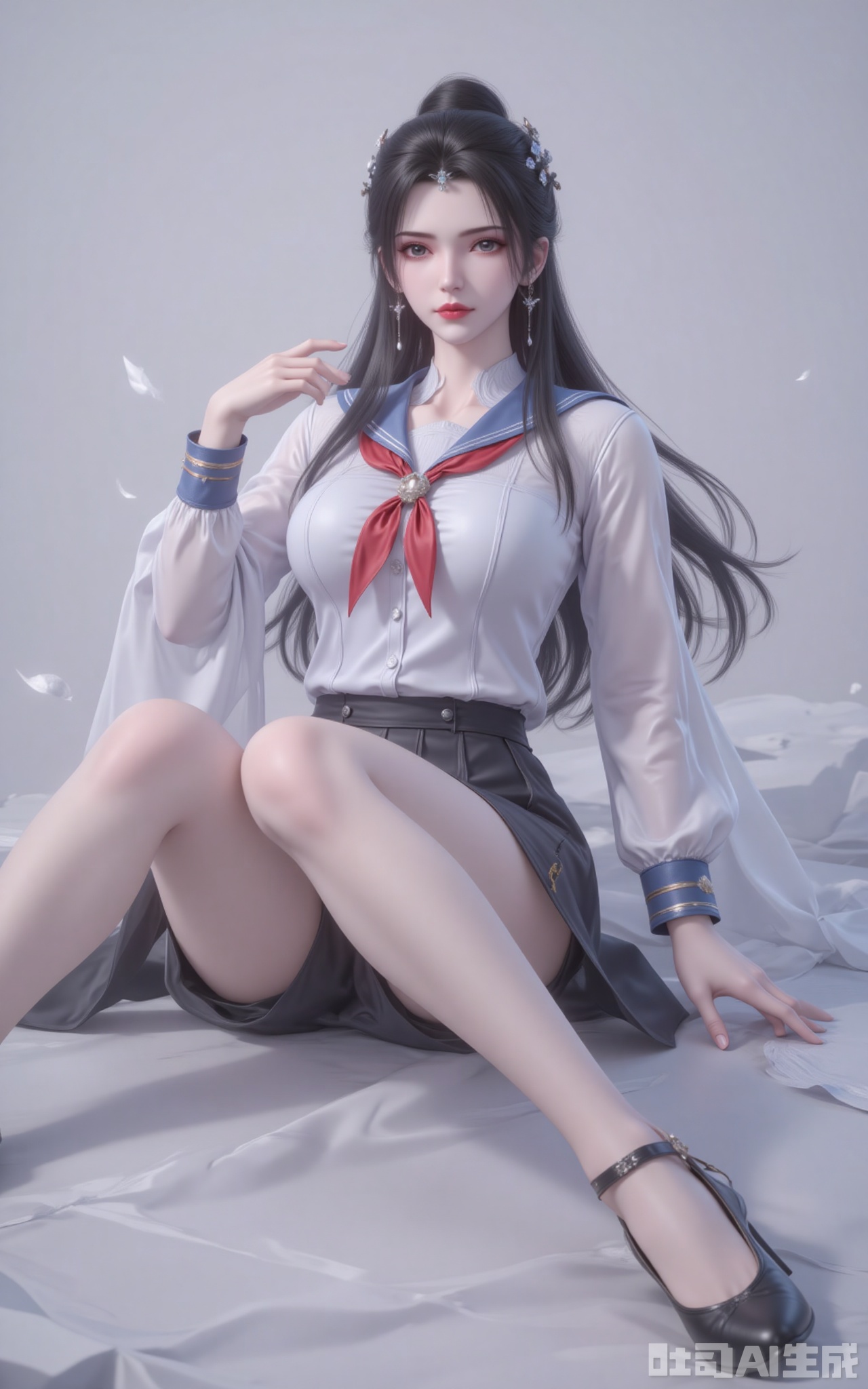 lvjing,limuwan,black hair,long hair,grey eyes,hair_bun,big breasts,white skin,headpiece,earrings, 1girl,solo,skirt,blue eyes,school uniform,high heels,long sleeves,pleated skirt,serafuku,sailor collar,shirt,black footwear,black skirt,white shirt,hair between eyes,bangs,closed mouth,looking at viewer,floating hair,breasts,neckerchief,red neckerchief,bare legs,red bow,legs,crossed_legs,sitting cover,Close-up details,outstanding style,adding a touch of dimension to your images without compromising details,close-up,


