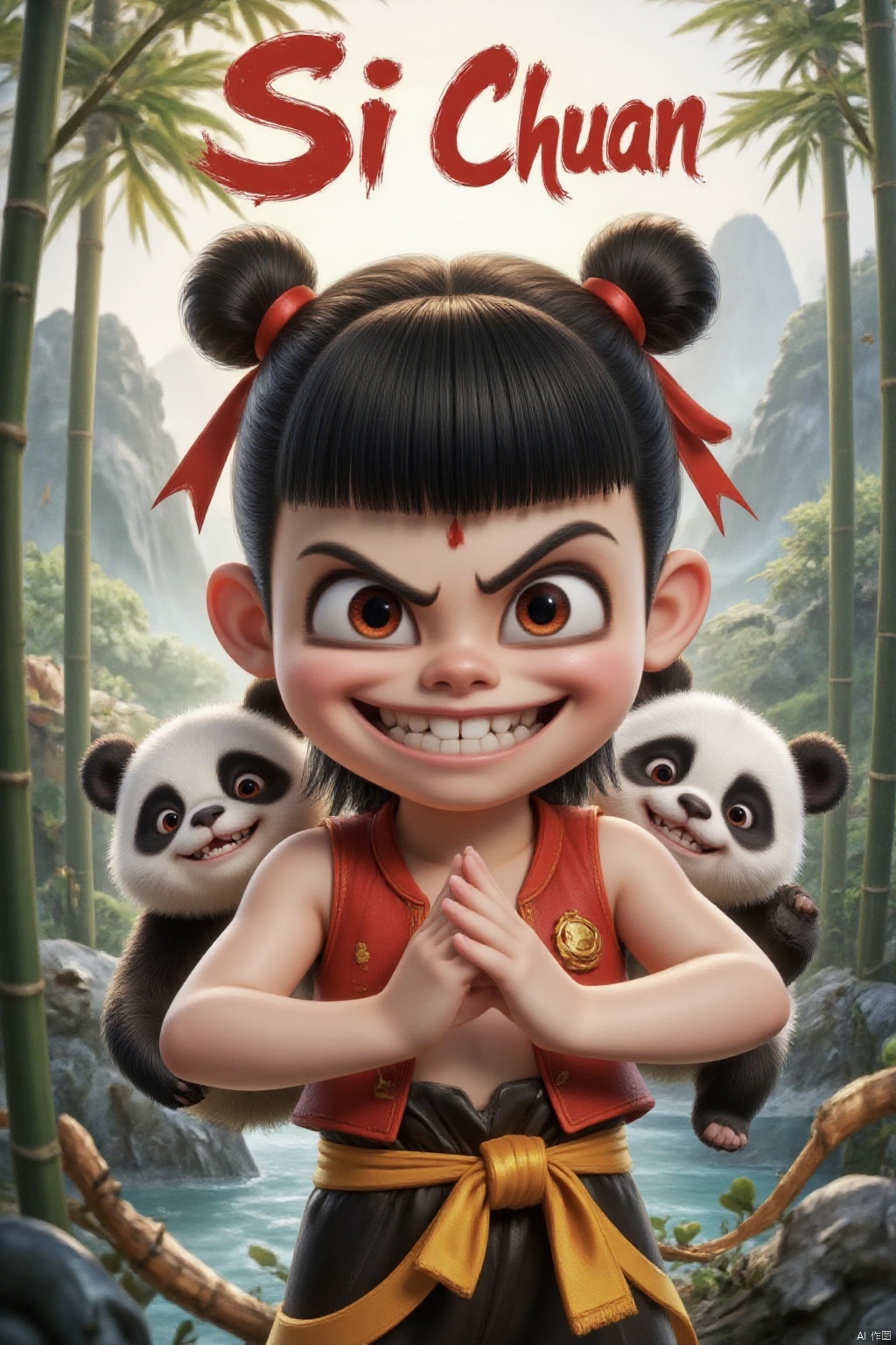 A medium-sized cartoon character wears a red ribbon around their waist. This character has black hair, tied in two buns, and a bow tied to the top of their head. Their eyes were wide open, their mouths were wide open, revealing sharp teeth. An evil smile, with two adorable giant pandas behind, creates a sharp contrast between the background of mountains, rivers, and bamboo forests and the costumes of the characters. The words' Si Chuan 'are prominently displayed in the upper right corner of the image.