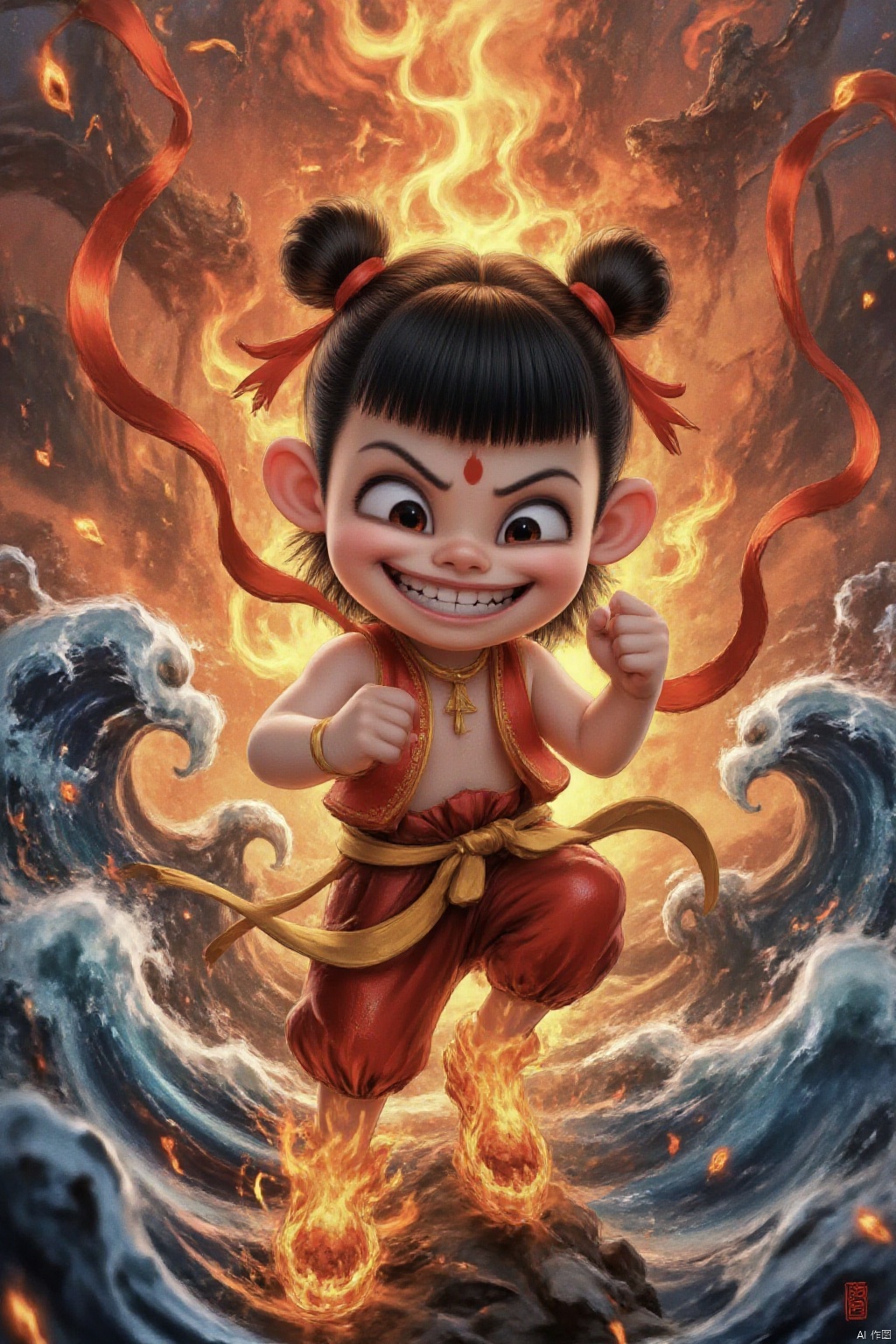 Chinese black and white ink painting,overall illustration style,nezha,A CGI image of a cute,young Asian boy with dark hair in buns,wearing a red and gold outfit with a sash,and red ribbons flowing around her. She has a wide,toothy grin and a small red dot on her forehead. His feet are on fire,the background is a towering flame,under my feet are rolling giant waves,