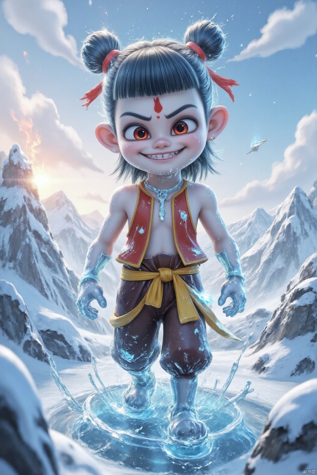 nezha,((((Ice sculpture:1.2)))),Ice sculpture,Ice sculpture,ice sculpture style,Virtual Engine 5 render,3D,snow and ice environment,a huge ice sculpture Nezha,Nezha is made of water and ice,ice hair,ice bun,ice red eyes,and ice a mischievous smile. He wore a sleeveless ice red top,a pair of ice brown pants with a yellow sash,and a red mark on his forehead. There is a fire at your feet,towering flames in the background,rolling waves at your feet,surrounded by huge glaciers,cloudless skies,surreal dreamlike scenes,clean and transparent images,looking at snow-capped mountains from afar,