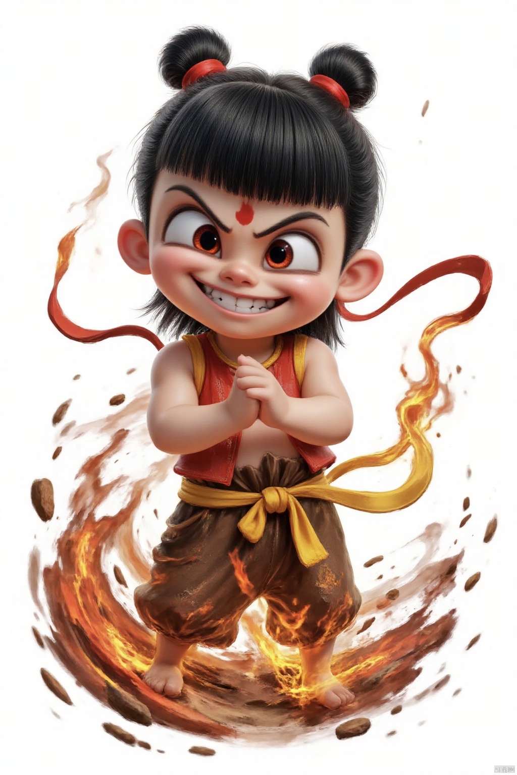 nezha666,This photo is overall in clay style,with many fingerprint textures and clay details on the clay surface. The surface is smooth with subtle shadows,depicting a young boy with black hair,red eyes,and a mischievous smile. She was wearing a sleeveless red top,brown pants with a yellow belt,and had a red spot on her forehead. The background is pure white. There's fire under my feet,clay style,