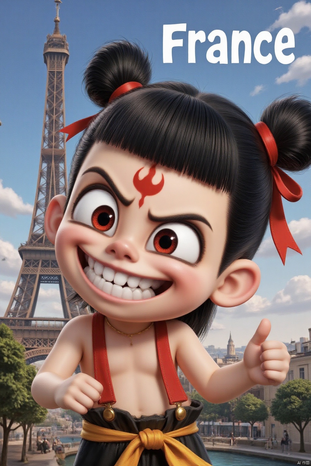 A medium-sized cartoon character wears a red ribbon around their waist. This character has black hair tied in two buns and a bow tied around their head. They opened their eyes wide, their mouths wide open, revealing their sharp teeth. The evil smile, the red flame tattoo on the forehead, and the tall Eiffel Tower next to it create a sharp contrast between the background of Paris, France and the character's attire. The word 'France' is highlighted in the upper right corner of the image.
