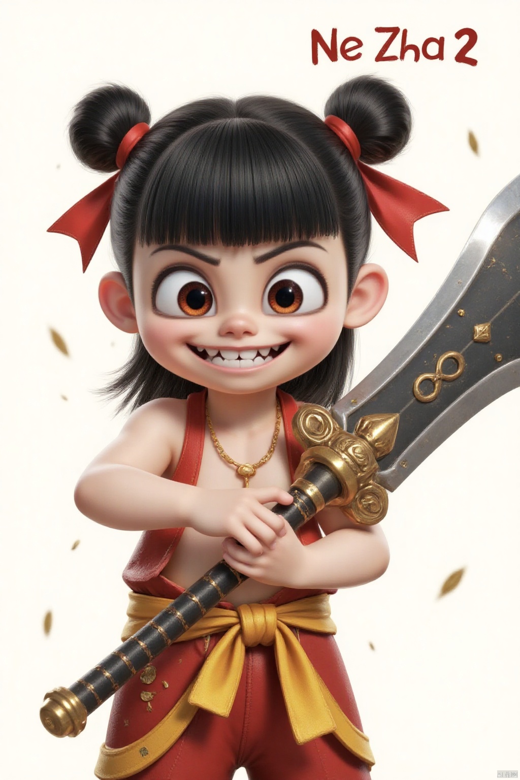 A medium - sized cartoon character has a red ribbon tied around their waist. The character has black hair, which is styled into two buns with a bow tied on top of the head. Their eyes are wide open, and their mouth is slightly open, revealing sharp teeth. The character holds a huge sword in hand. The light - colored background creates a sharp contrast with the character's outfit. The words "Ne Zha 2" are prominently displayed in the upper - right corner of the picture.