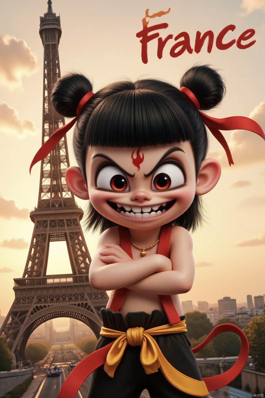 A medium-sized cartoon character wears a red ribbon around their waist. This character has black hair tied in two buns and a bow tied around their head. They opened their eyes wide, their mouths wide open, revealing their sharp teeth. The evil smile, the red flame tattoo on the forehead, and the tall Eiffel Tower next to it create a sharp contrast between the background of Paris, France and the character's attire. The word 'France' is highlighted in the upper right corner of the image.