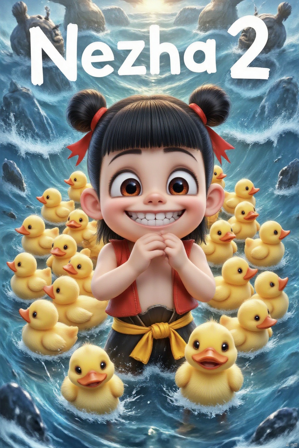 A medium-sized cartoon character wears a red ribbon around their waist. This character has black hair, tied in two buns, and a bow tied to the top of their head. Their eyes were wide open, their mouths slightly parted, revealing sharp teeth. There are many yellow ducklings behind, and the background of the ocean and seawater contrasts sharply with the character's clothing. The words' Nezha 2 'are prominently displayed in the upper right corner of the image.