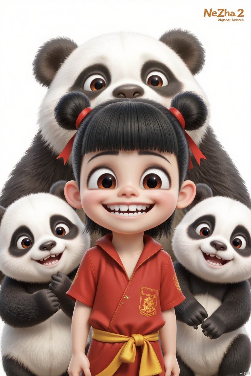 A medium-sized cartoon character wears a red ribbon around their waist. This character has black hair, tied in two buns, and a bow tied to the top of their head. Their eyes were wide open, their mouths slightly parted, revealing sharp teeth. Behind them are two adorable giant pandas, with a light gradient background that contrasts sharply with the characters' clothing. The words' NeZha 2 'are prominently displayed in the upper right corner of the image.