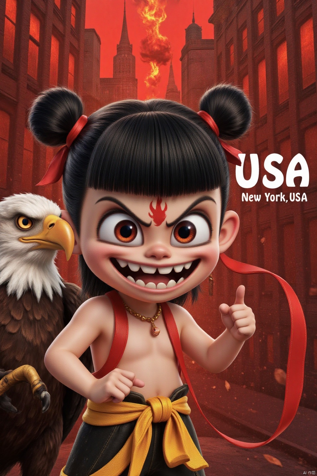 A medium-sized cartoon character wears a red ribbon around their waist. This character has black hair tied in two buns and a bow tied around their head. They opened their eyes wide, their mouths wide open, revealing their sharp teeth. The evil smile, the red flame tattoo on the forehead, and the bald eagle next to it create a sharp contrast between the background and the character's attire in New York, USA. The word 'USA' is highlighted in the upper right corner of the image.