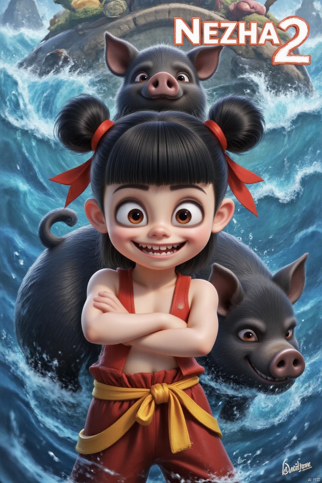 A medium-sized cartoon character wears a red ribbon around their waist. This character has black hair, tied in two buns, and a bow tied to the top of their head. Their eyes were wide open, their mouths slightly parted, revealing sharp teeth. There is a black pig behind, and the background of the ocean and seawater contrasts sharply with the character's clothing. The words' Nezha 2 'are prominently displayed in the upper right corner of the image.