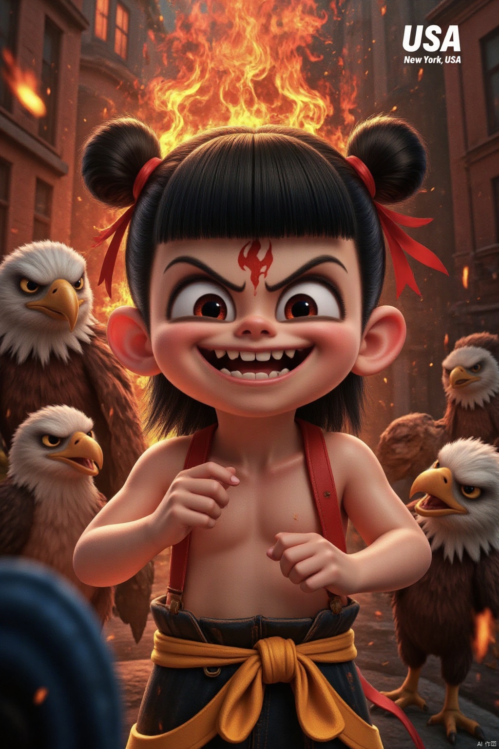 A medium-sized cartoon character wears a red ribbon around their waist. This character has black hair tied in two buns and a bow tied around their head. They opened their eyes wide, their mouths wide open, revealing their sharp teeth. The evil smile, the red flame tattoo on the forehead, and the bald eagle next to it create a sharp contrast between the background and the character's attire in New York, USA. The word 'USA' is highlighted in the upper right corner of the image.