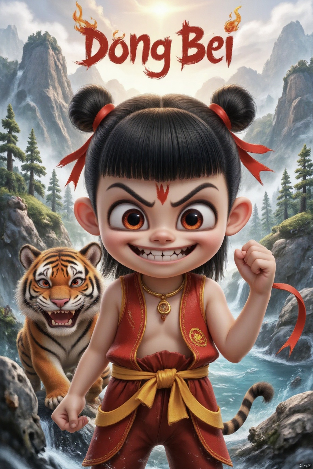 A medium-sized cartoon character wears a red ribbon around their waist. This character has black hair, tied in two buns, and a bow tied to the top of their head. Their eyes were wide open, their mouths were wide open, revealing sharp teeth. An evil smile, a red flame tattoo on the forehead, and a Northeast tiger beside them, the background of mountains, rivers, and pine trees contrasts sharply with the character's clothing. The words' Dong Bei 'are highlighted in the upper right corner of the image.