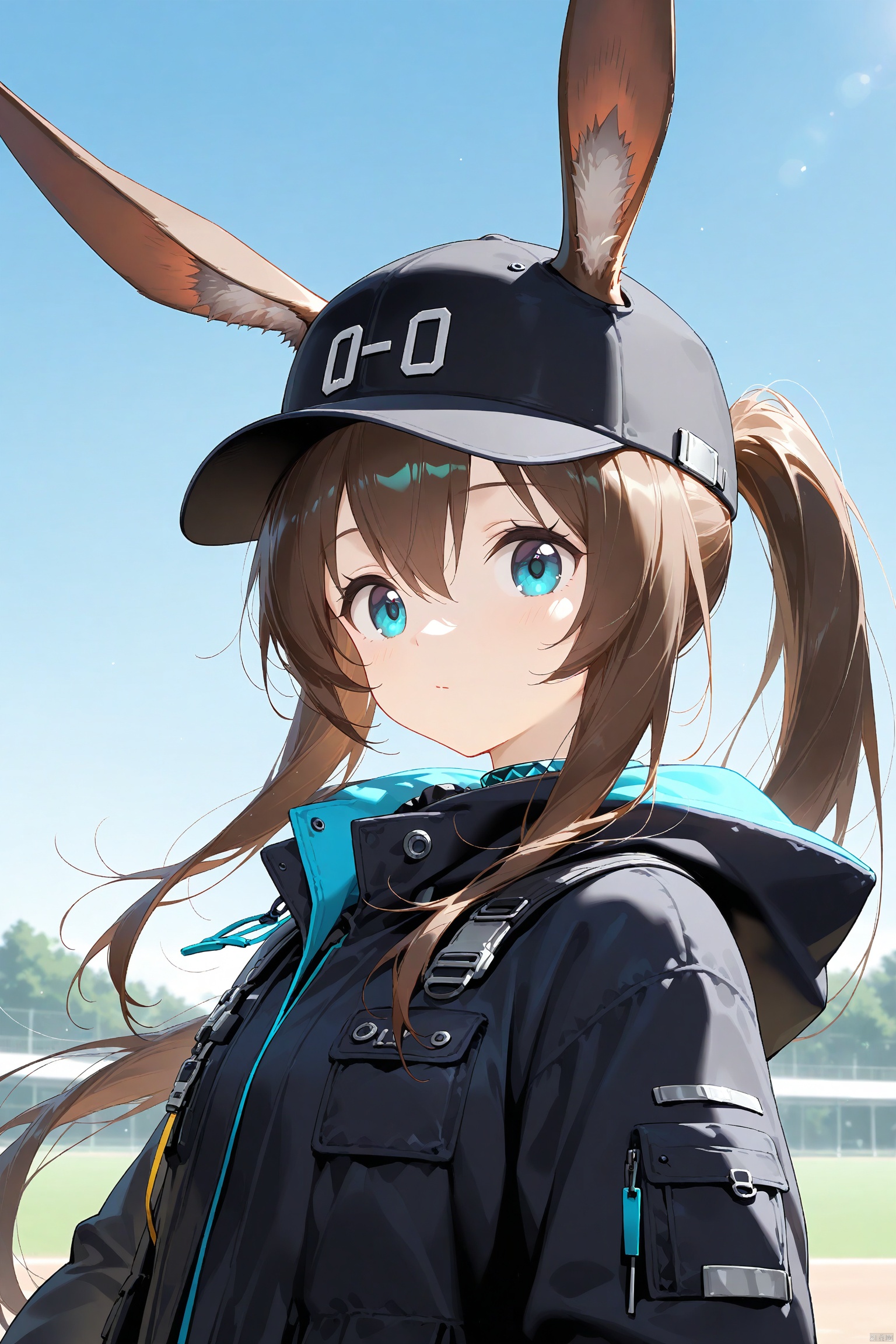 1girl, solo, long hair, looking at viewer, bangs, blue eyes, brown hair, hat, animal ears, hair between eyes, closed mouth, jacket, upper body, outdoors, sky, day, hood, rabbit ears, official alternate costume, blue sky, black jacket, black headwear, baseball cap, ears through headwear, amiya \(arknights\)