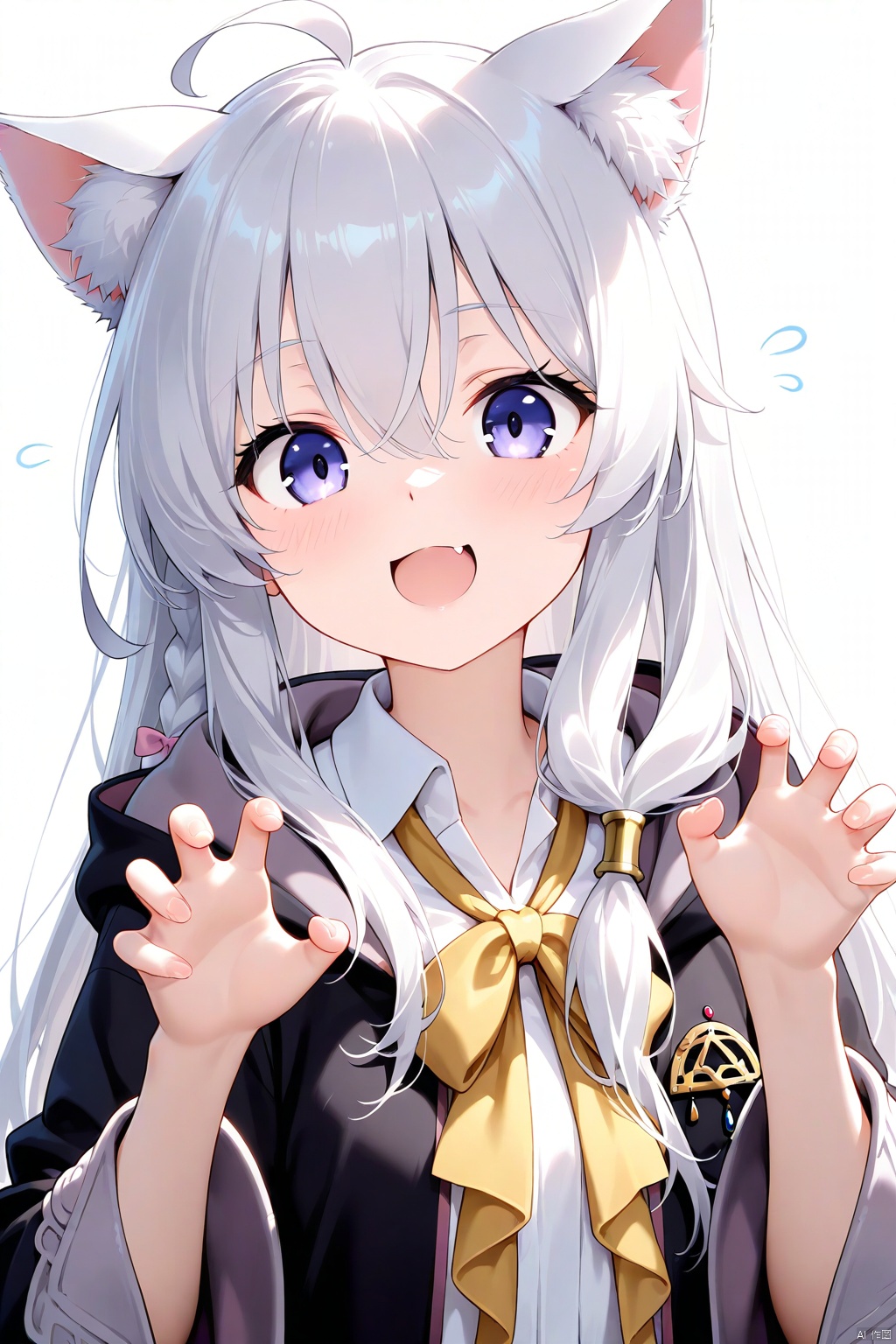 1girl, elaina (majo no tabitabi), animal ears, ahoge, shirt, solo, long hair, cat ears, white shirt, fang, white background, open mouth, robe, purple eyes, bow, black robe, long sleeves, simple background, wide sleeves, blush, yellow bow, looking at viewer, collared shirt, claw pose, hair between eyes, kemonomimi mode, open robe, upper body, open clothes, yellow bowtie, flying sweatdrops, hooded robe, animal ear fluff, hands up, grey hair, bowtie, yellow ribbon, hood, white hair, smile, ribbon, hood down, cat girl