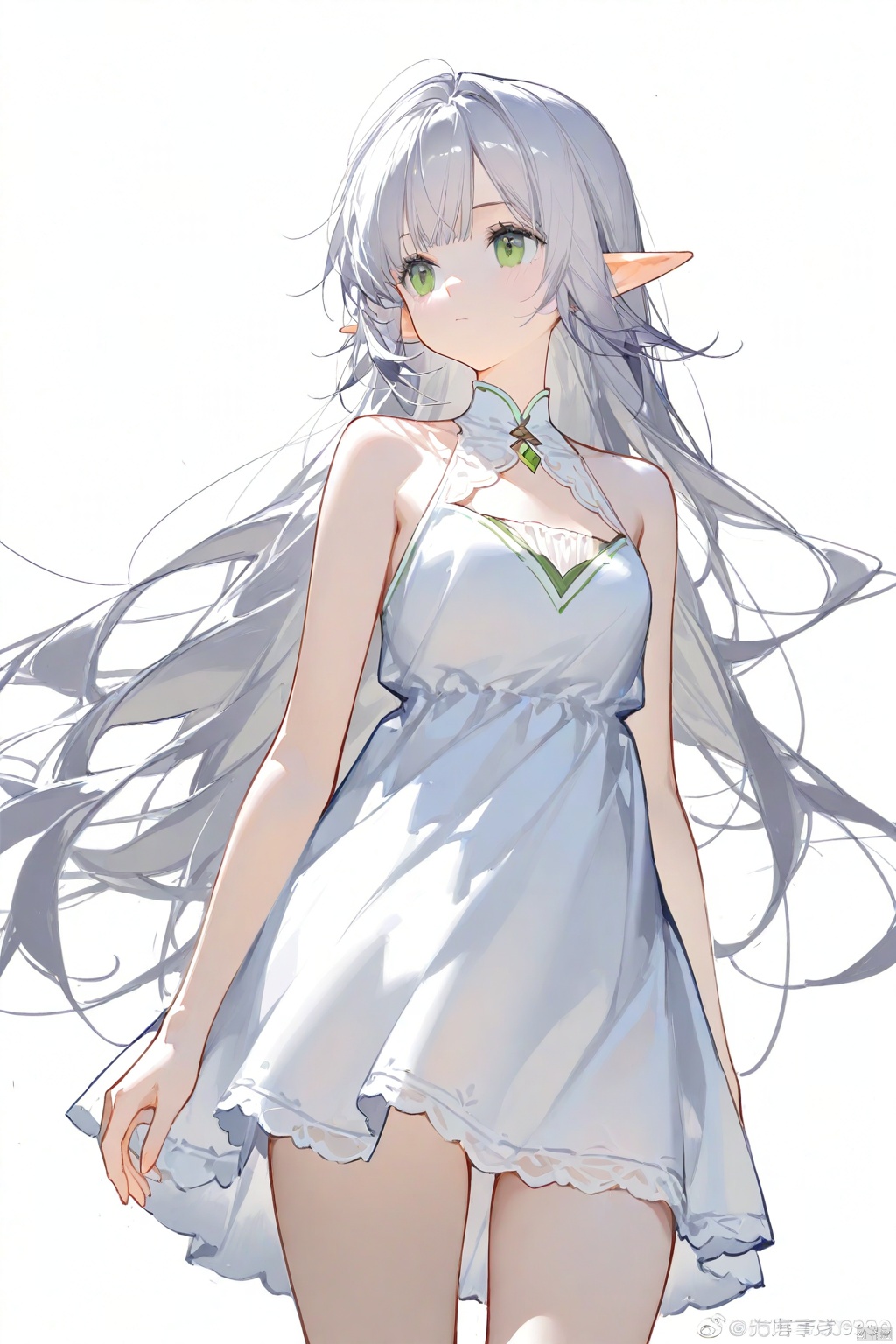 1girl, solo, long hair, simple background, white background, dress, bare shoulders, closed mouth, green eyes, grey hair, cowboy shot, sleeveless, pointy ears, white dress, sketch, sleeveless dress, elf, weibo username