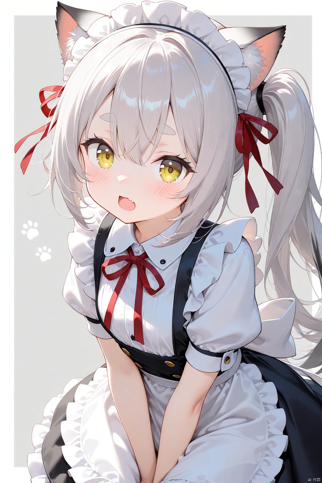 1girl, solo, long hair, looking at viewer, blush, open mouth, bangs, simple background, shirt, dress, ribbon, animal ears, hair between eyes, yellow eyes, white shirt, short sleeves, grey hair, frills, fang, puffy sleeves, grey background, apron, black dress, side ponytail, red ribbon, puffy short sleeves, maid, maid headdress, neck ribbon, thick eyebrows, waist apron, white apron, two-tone background, skin fang, maid apron, frilled apron