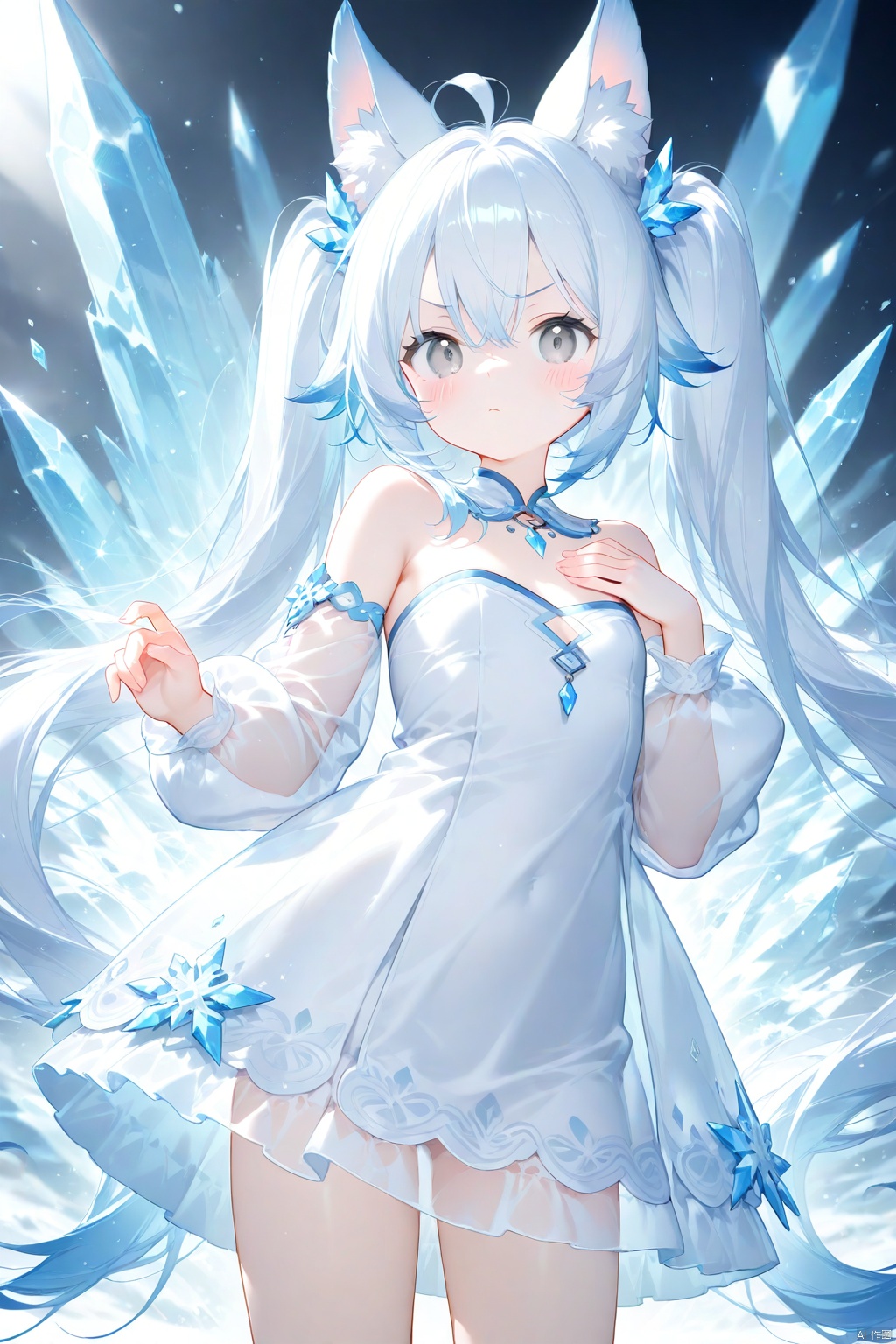 1girl, solo, long hair, looking at viewer, blush, bangs, long sleeves, dress, animal ears, hair between eyes, bare shoulders, twintails, very long hair, closed mouth, blue hair, standing, ahoge, white hair, cowboy shot, detached sleeves, puffy sleeves, hand up, white dress, flat chest, v-shaped eyebrows, animal ear fluff, see-through, grey eyes, fox ears, strapless, short dress, hand on own chest, strapless dress, puffy long sleeves, ice, crystal, see-through sleeves