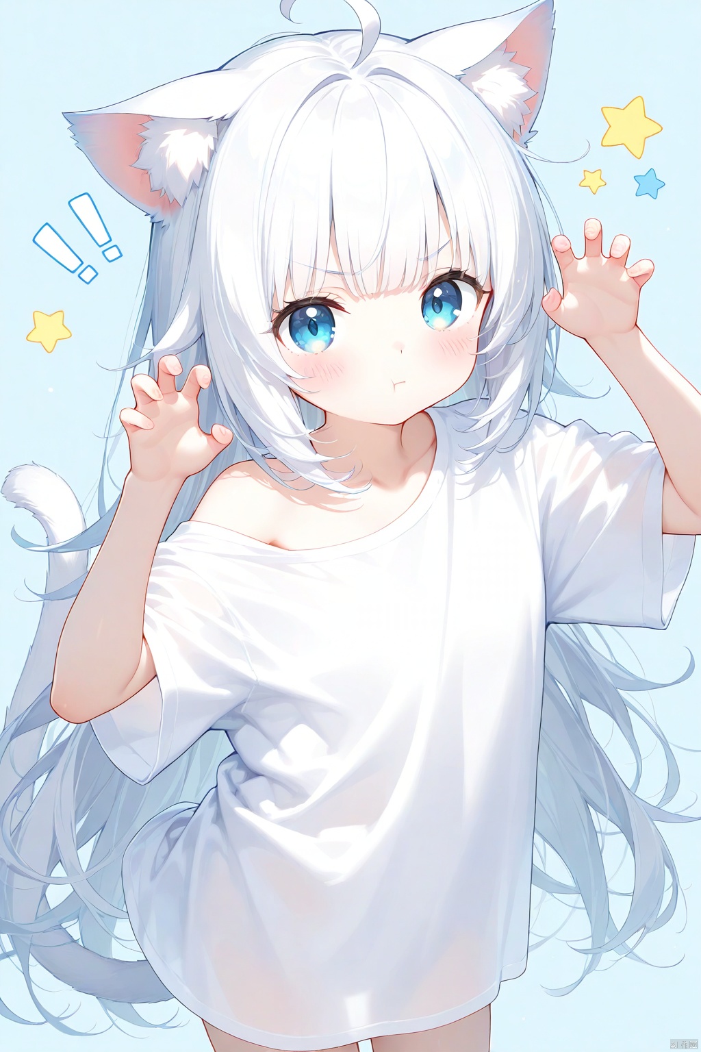 1girl,solo,long hair,looking at viewer,blush,bangs,blue eyes,simple background,shirt,animal ears,very long hair,closed mouth,tail,white shirt,ahoge,white hair,short sleeves,cat ears,off shoulder,star \(symbol\),v-shaped eyebrows,cat tail,animal ear fluff,hands up,blue background,cat girl,!,:t,pout,claw pose,!!,oversized shirt,