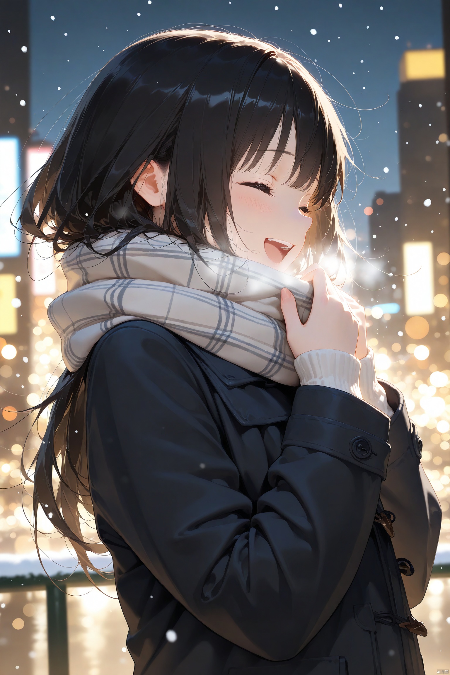 (masterpiece),(best quality),(masterpiece),(best quality),1girl, black_coat, black_hair, blurry, blurry_background, blurry_foreground, bokeh, city_lights, coat, depth_of_field, from_side, jacket, lens_flare, long_hair, long_sleeves, laughing, motion_blur, outdoors, scarf, snow, snowing, solo, upper_body