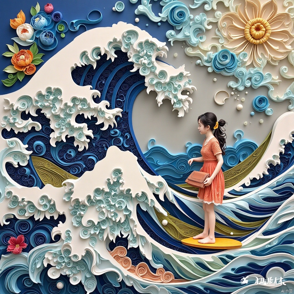  Chinese landscape painting,woodcut prints,with dense black and white lines waves,sand beach and giant waves,hainan island,1girl surfing in the ocean,misty sea of clouds,with a blue background at the top,a strong color contrast,​​monochrome,monochromatic with hints of blue,detailed texture,blue background,complex details,,hainan scenery,island scenery,line art,chinese landscape,Eastern aesthetics,Colorful Chinese Paintings,blue theme,Surrealism Dream Style,Glowing neon color, mineral color painting,Paper art