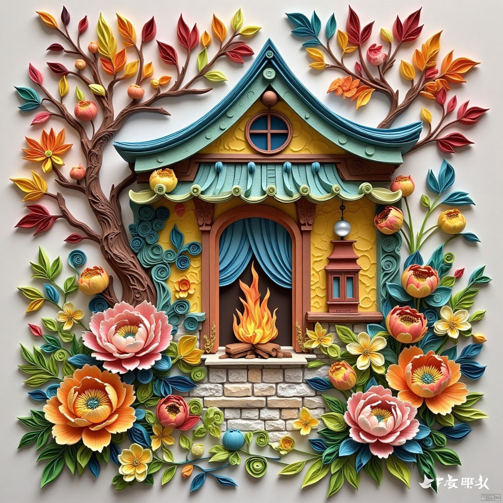  architecture,autumn,autumn leaves,building,campfire,cooking,door,fire,flame,flower,food,grass,ground vehicle,house,lamppost,lantern,leaf,maple leaf,nature,no humans,orange (fruit)),orange flower,outdoors,pavement,plant,potted plant,scenery,sign,tree,tree stump,window, shuwu,Paper art