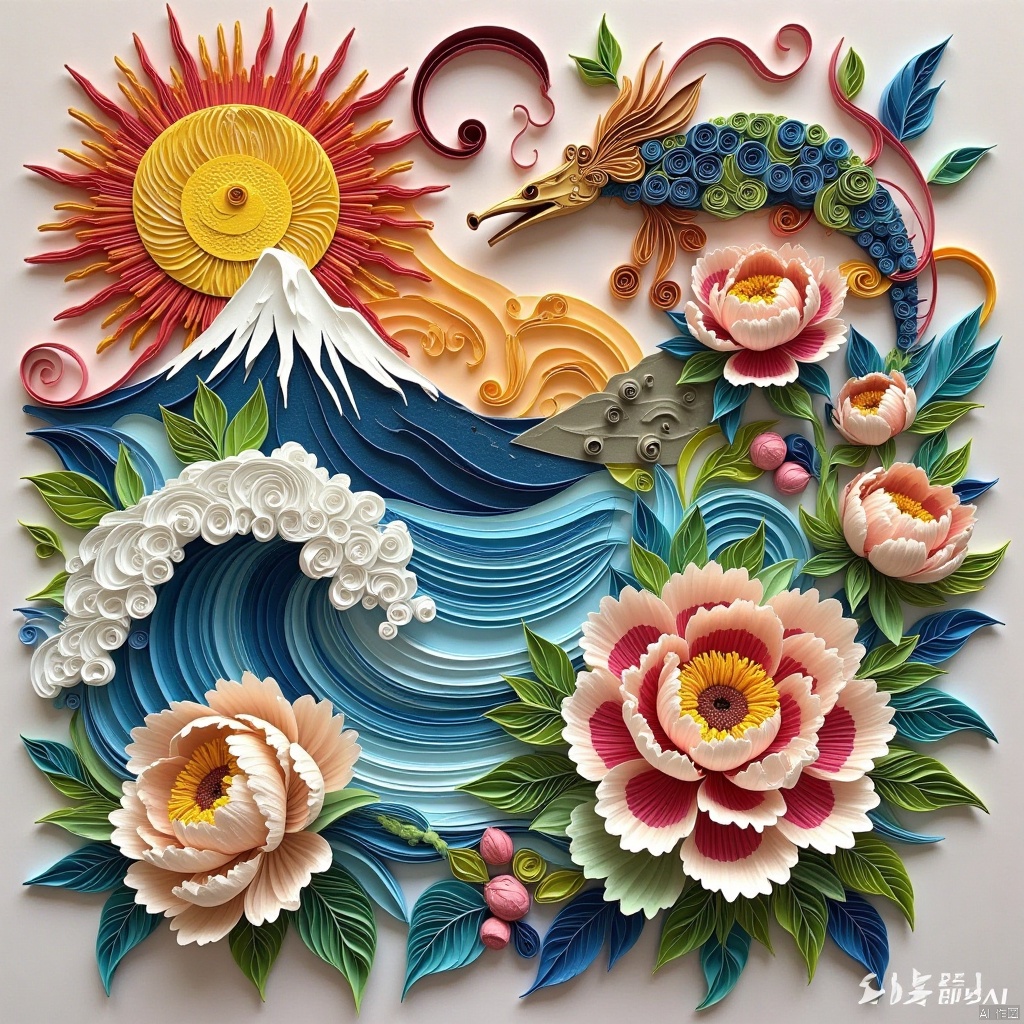 ash,Ancient mythology, paper-cut art, sun, mountain, moire, flowers, leaves, waves,Paper art