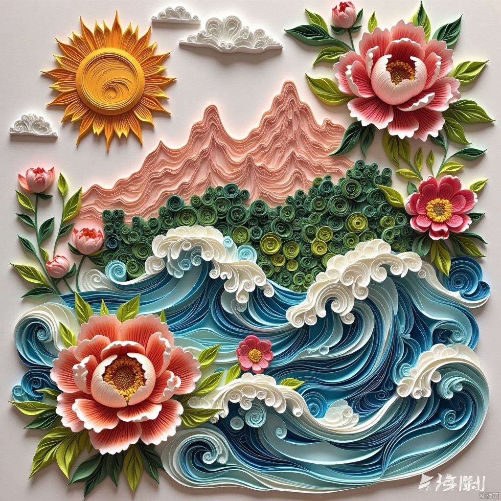 ash,Ancient mythology, paper-cut art, sun, mountain, moire, flowers, leaves, waves,Paper art