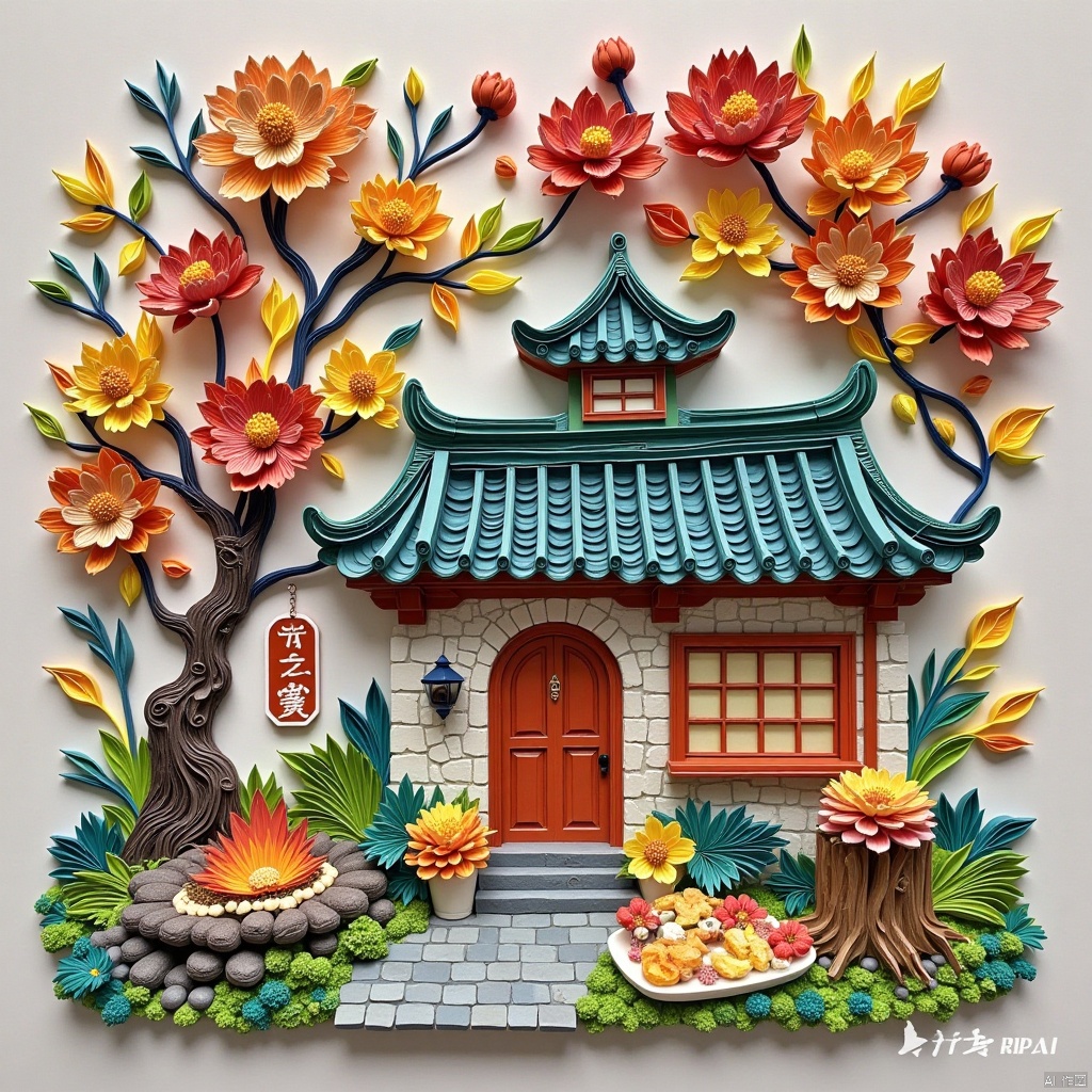  architecture,autumn,autumn leaves,building,campfire,cooking,door,fire,flame,flower,food,grass,ground vehicle,house,lamppost,lantern,leaf,maple leaf,nature,no humans,orange (fruit)),orange flower,outdoors,pavement,plant,potted plant,scenery,sign,tree,tree stump,window, shuwu,Paper art