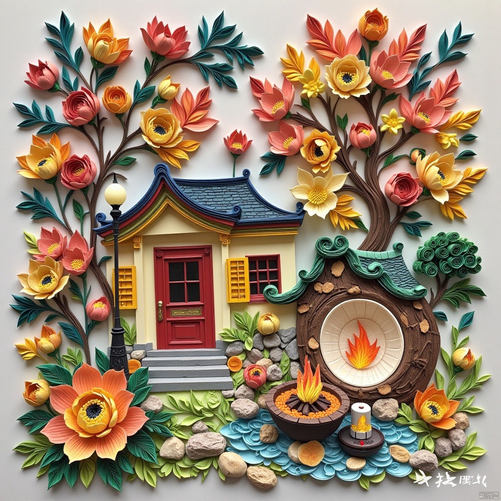  architecture,autumn,autumn leaves,building,campfire,cooking,door,fire,flame,flower,food,grass,ground vehicle,house,lamppost,lantern,leaf,maple leaf,nature,no humans,orange (fruit)),orange flower,outdoors,pavement,plant,potted plant,scenery,sign,tree,tree stump,window, shuwu,Paper art