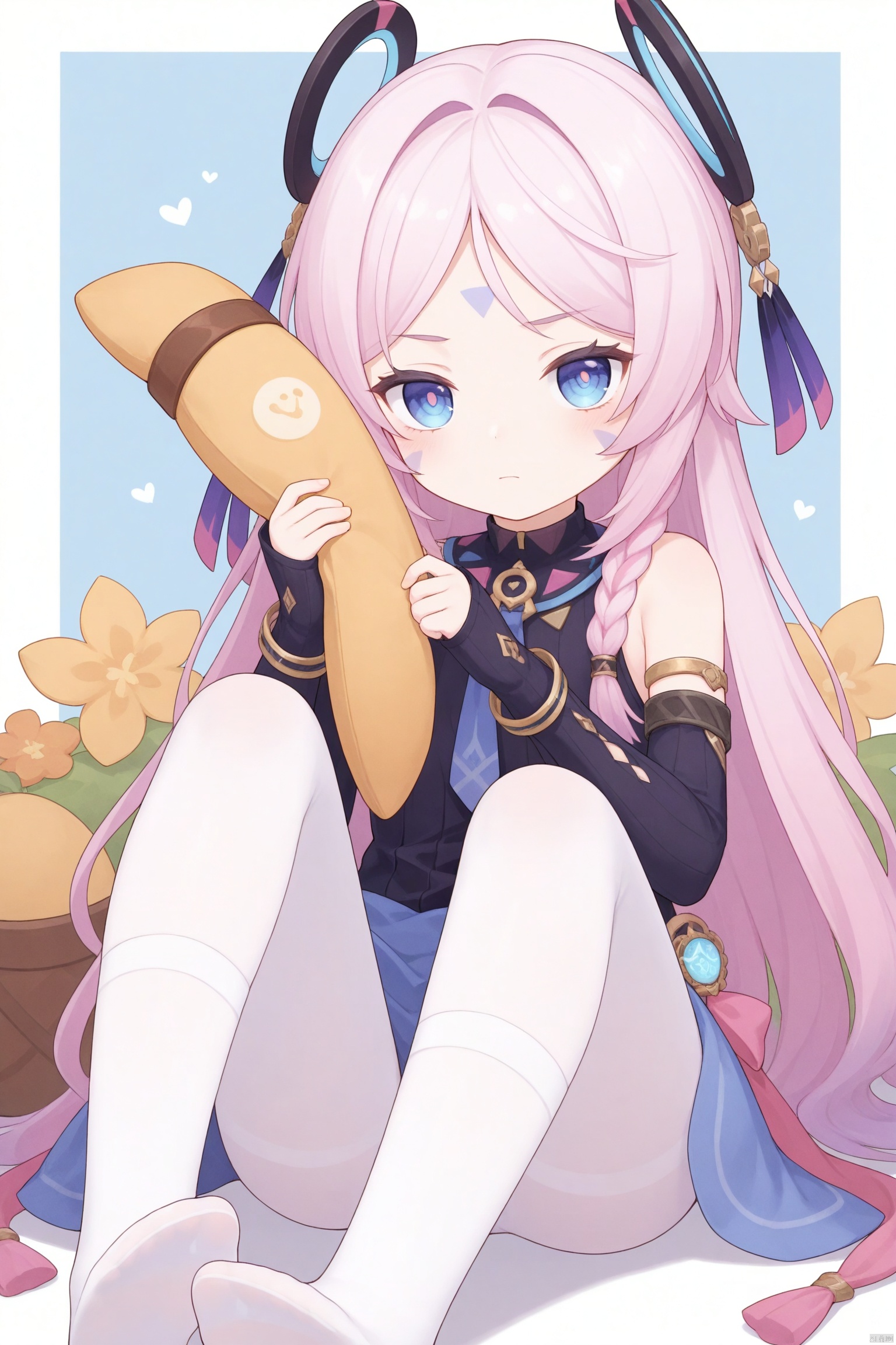 tsubasachyan,cxnice3,lolisugerjio,masterpiece,cxgoodfeet,best quality,high quality,loli, 1girl, solo,citlali(genshin impact),full body, long hair, bangs, blue eyes, hair ornament, gloves, holding, bare shoulders, closed mouth,Forehead tattoo, pink hair, purple hair, braid, multicolored hair, black gloves