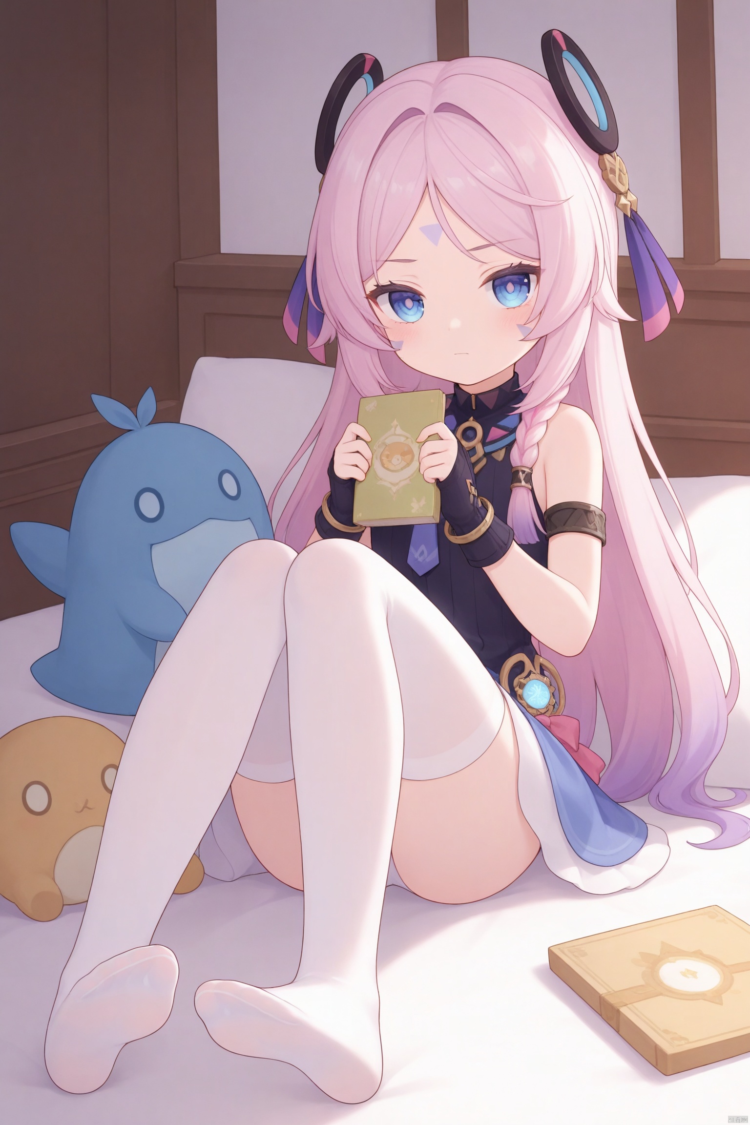 tsubasachyan,cxnice3,lolisugerjio,masterpiece,cxgoodfeet,best quality,high quality,loli, 1girl, solo,citlali(genshin impact),full body, long hair, bangs, blue eyes, hair ornament, gloves, holding, bare shoulders, closed mouth,Forehead tattoo, pink hair, purple hair, braid, multicolored hair, black gloves