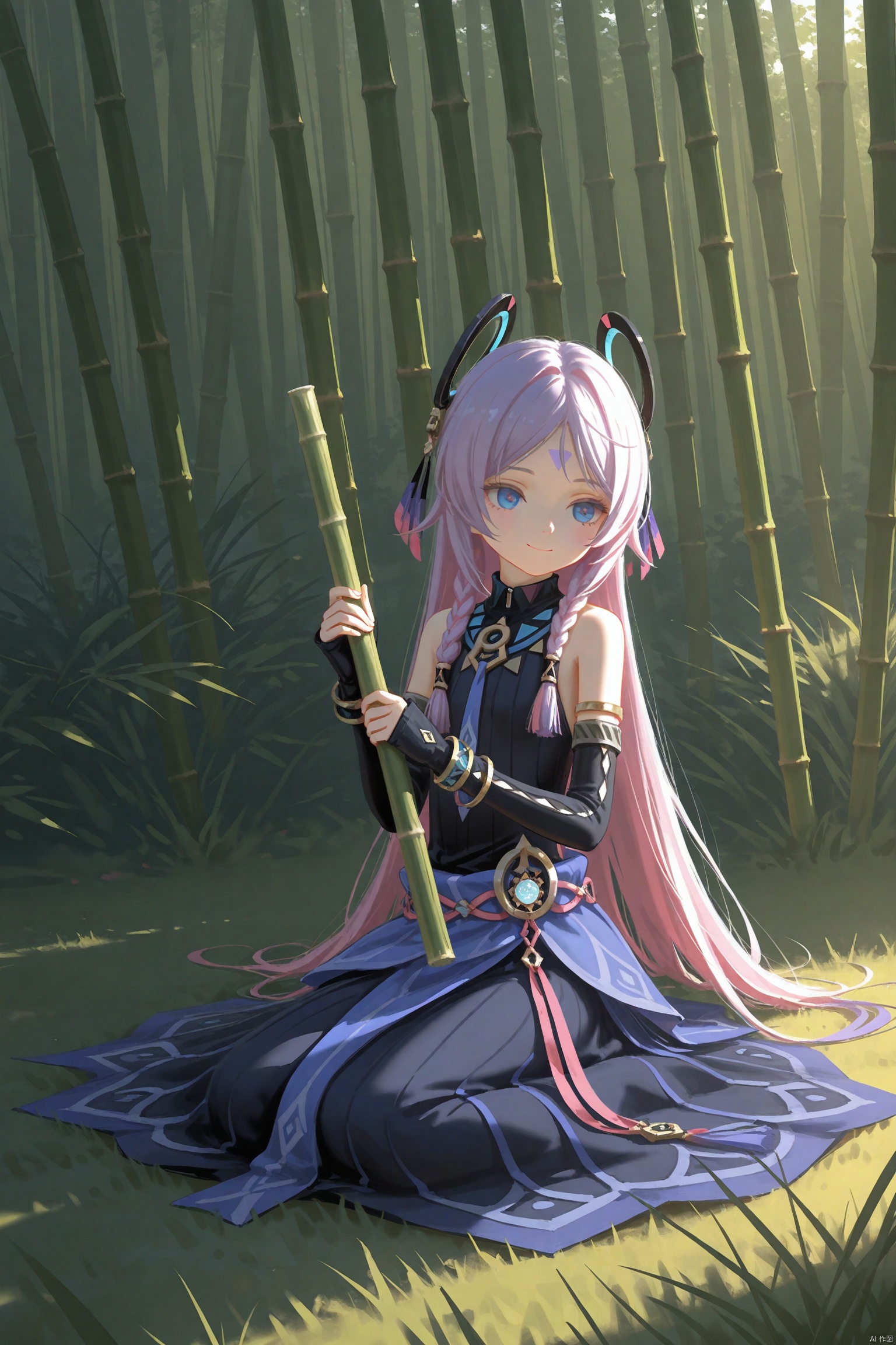 tianliang_duohe_fangdongye,artist:chen_bin,artist:wlop,artist:anomie,artist:as109, loli,loli,loli, (little_girl:1.2),petite:1.1, 1girl,solo, full body, long hair, bangs, blue eyes, hair ornament, gloves, holding, bare shoulders, closed mouth,Forehead tattoo, pink hair, purple hair, braid, multicolored hair, black gloves,citlali\(genshin impact\), smile,:), long dress, outdoors, old stlye, chinese style, grass, bamboo forest,foot,