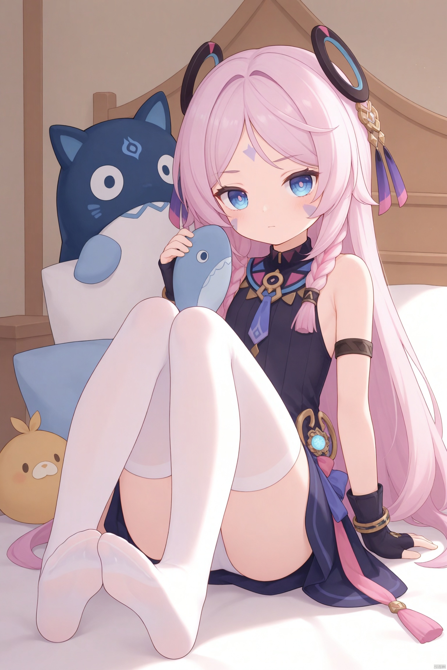 tsubasachyan,cxnice3,lolisugerjio,masterpiece,cxgoodfeet,best quality,high quality,loli, 1girl, solo,citlali(genshin impact),full body, long hair, bangs, blue eyes, hair ornament, gloves, holding, bare shoulders, closed mouth,Forehead tattoo, pink hair, purple hair, braid, multicolored hair, black gloves
