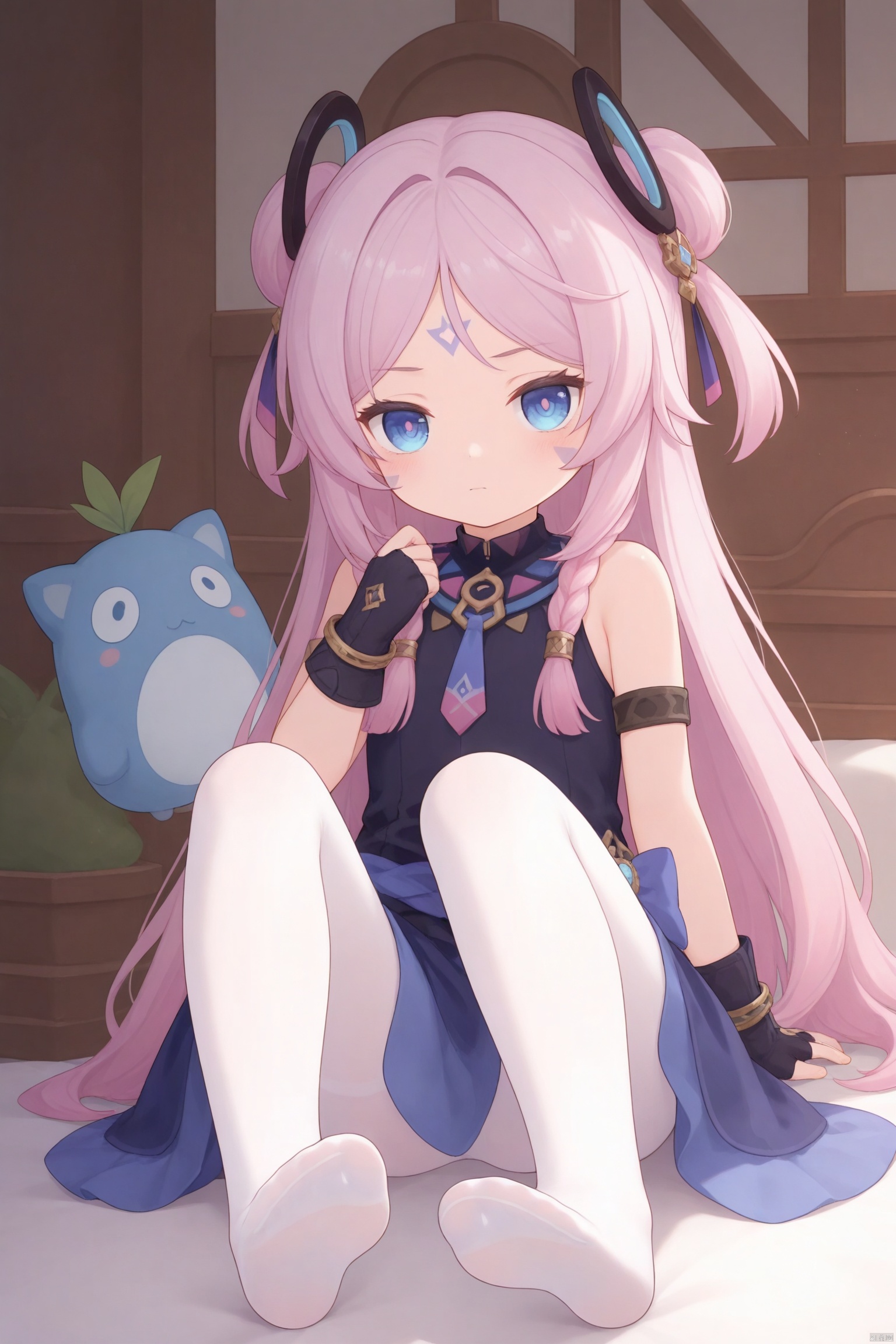 tsubasachyan,cxnice3,lolisugerjio,masterpiece,cxgoodfeet,best quality,high quality,loli, 1girl, solo,citlali(genshin impact),full body, long hair, bangs, blue eyes, hair ornament, gloves, holding, bare shoulders, closed mouth,Forehead tattoo, pink hair, purple hair, braid, multicolored hair, black gloves