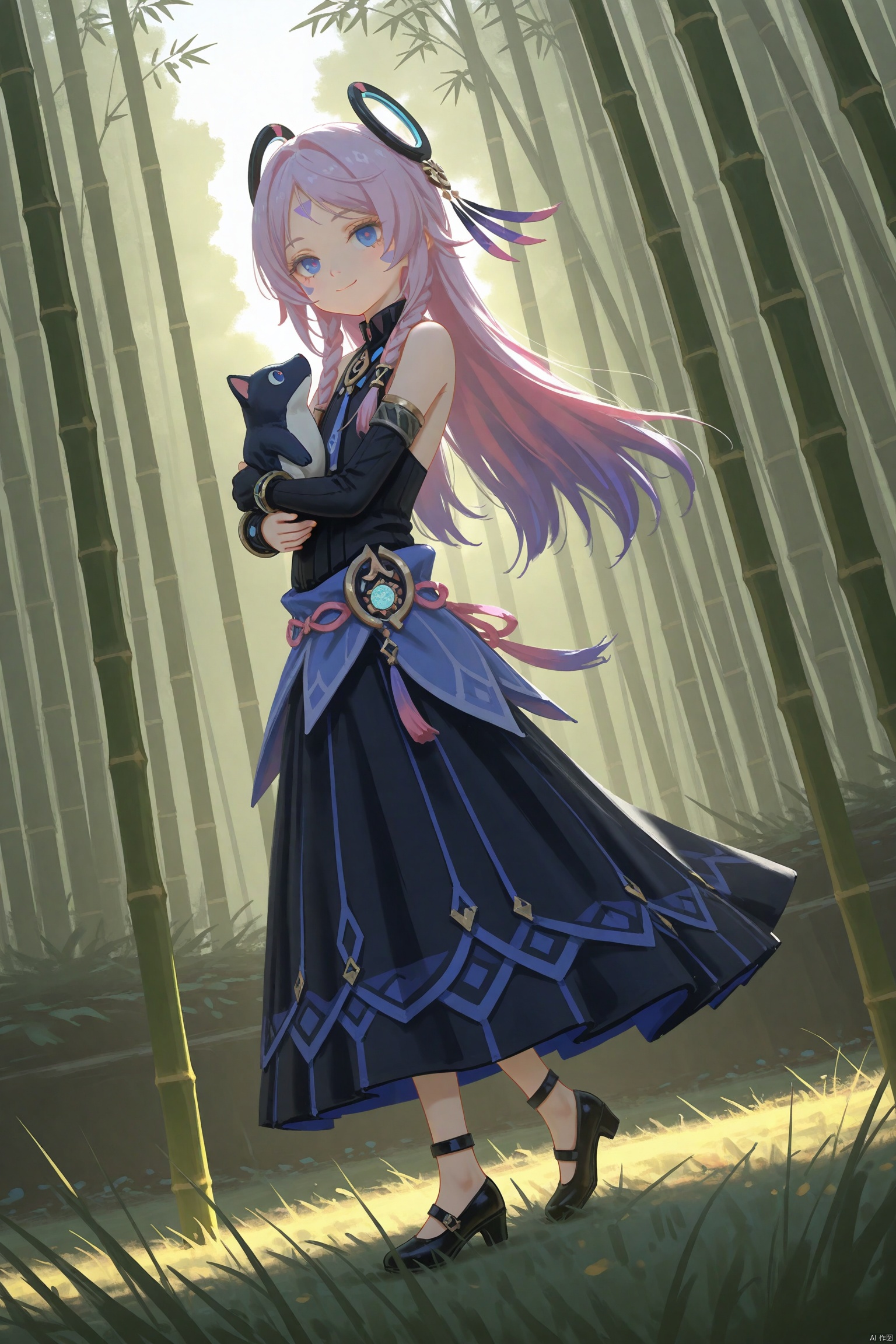 tianliang_duohe_fangdongye,artist:chen_bin,artist:wlop,artist:anomie,artist:as109, loli,loli,loli, (little_girl:1.2),petite:1.1, 1girl,solo, full body, long hair, bangs, blue eyes, hair ornament, gloves, holding, bare shoulders, closed mouth,Forehead tattoo, pink hair, purple hair, braid, multicolored hair, black gloves,citlali\(genshin impact\), smile,:), long dress, outdoors, old stlye, chinese style, grass, bamboo forest,foot,