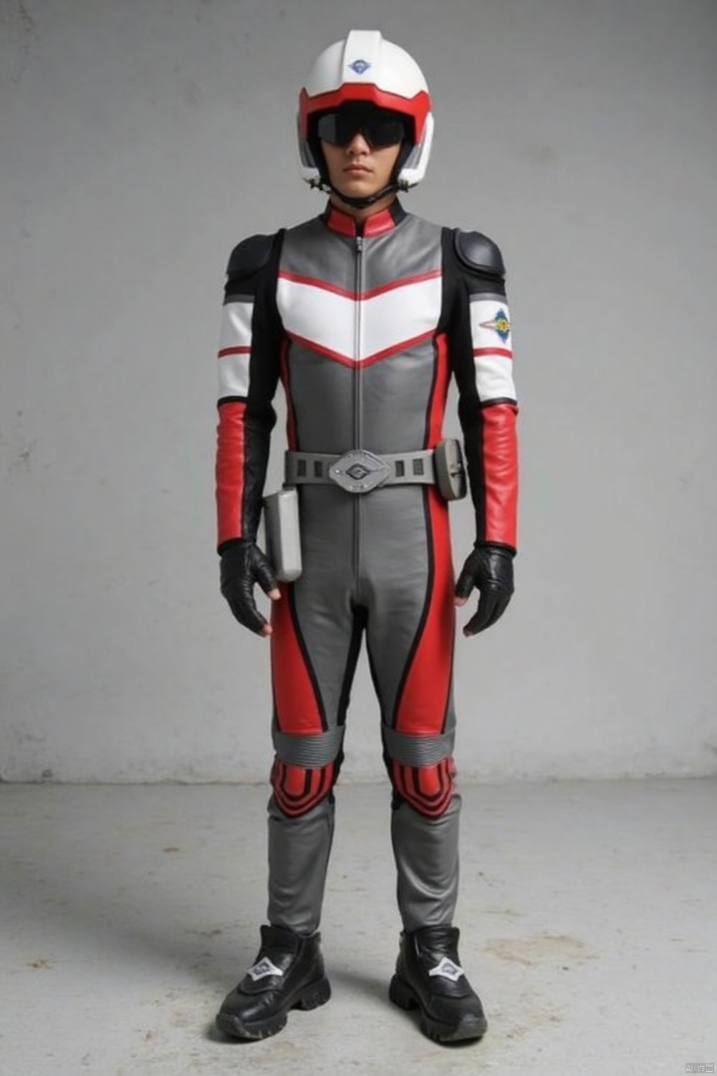 SUPER GUTS,helmet,grey pants,grey jacket,collar,belt,logo,uniform,jacket,gloves,boots,emblem,pants,black footwear,grey uniform with red and white line