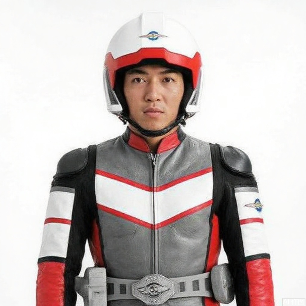 masterpiece, best quality,solo,(white background:1.2),simple background,
looking at viewer,SUPER GUTS,helmet,grey jacket,collar,belt,logo,uniform,jacket,gloves,boots,emblem,grey uniform with red and white line