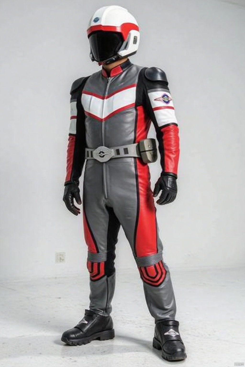 SUPER GUTS,helmet,grey pants,grey jacket,collar,belt,logo,uniform,jacket,gloves,boots,emblem,pants,black footwear,grey uniform with red and white line