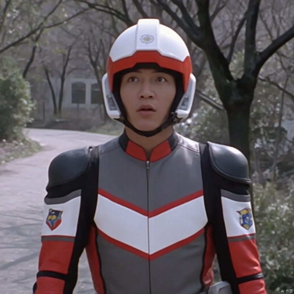 SUPER GUTS,helmet,grey pants,grey jacket,collar,belt,logo,uniform,jacket,gloves,boots,emblem,pants,black footwear,grey uniform with red and white line