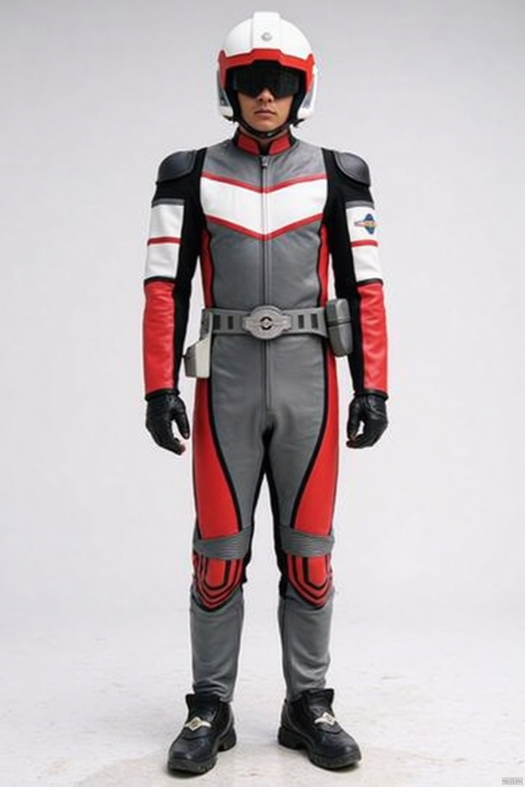 SUPER GUTS,helmet,grey pants,grey jacket,collar,belt,logo,uniform,jacket,gloves,boots,emblem,pants,black footwear,grey uniform with red and white line