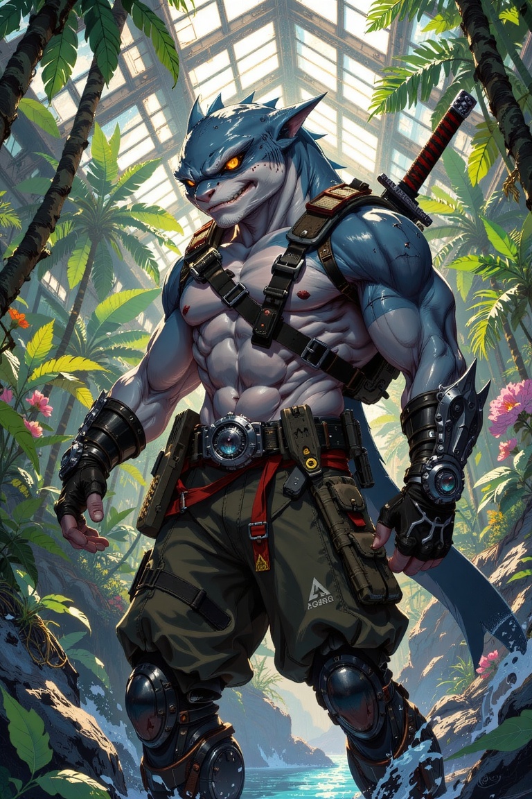 A muscular anthropomorphic shark warrior,  wearing tactical combat gear,  black leather straps on Tensor.Art