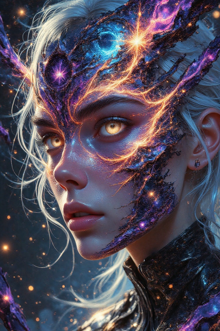 A close-up of a person's face with pale shoulders,  glowing white hair,  partially covered by a cosmic mask that is dissol...