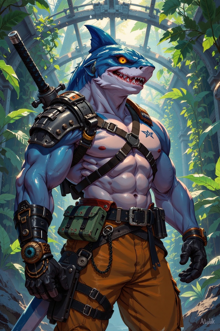 A muscular anthropomorphic shark warrior,  wearing tactical combat gear,  black leather straps on Tensor.Art