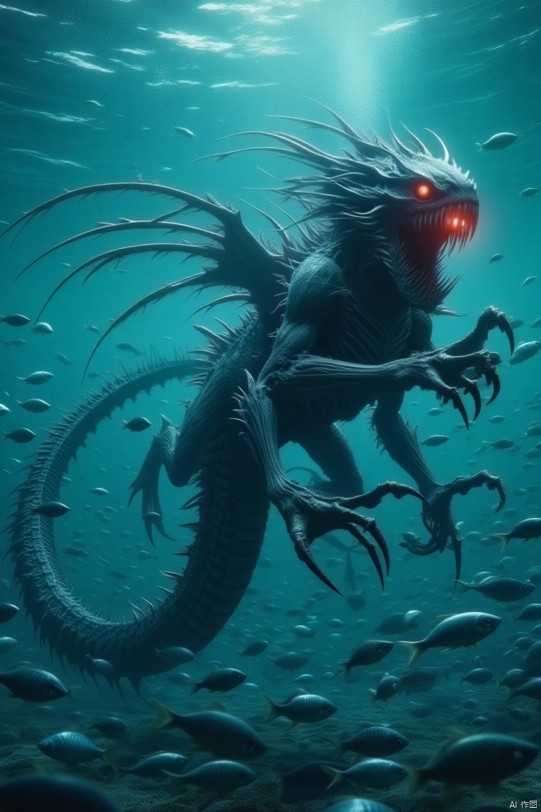 cinematic still A photo depicts a strange underwater scene, with a giant, dangerous creature that resembles both dragons and fish. This creature has an almost black body with sharp teeth, a long, muscular tail, and red eyes that glow. Its head is decorated with numerous spikes and a bright red eye, making it look very scary. This creature is surrounded by many small fish, which appear to be swimming in chaos around it. The water is deep blue, and light penetrates the surface above, creating an eerie atmosphere. The entire scene is dynamic; the creature seems to move, either towards or away from the viewer. . emotional, harmonious, vignette, highly detailed, high budget, bokeh, cinemascope, moody, epic, gorgeous, film grain, grainy,guaishou.