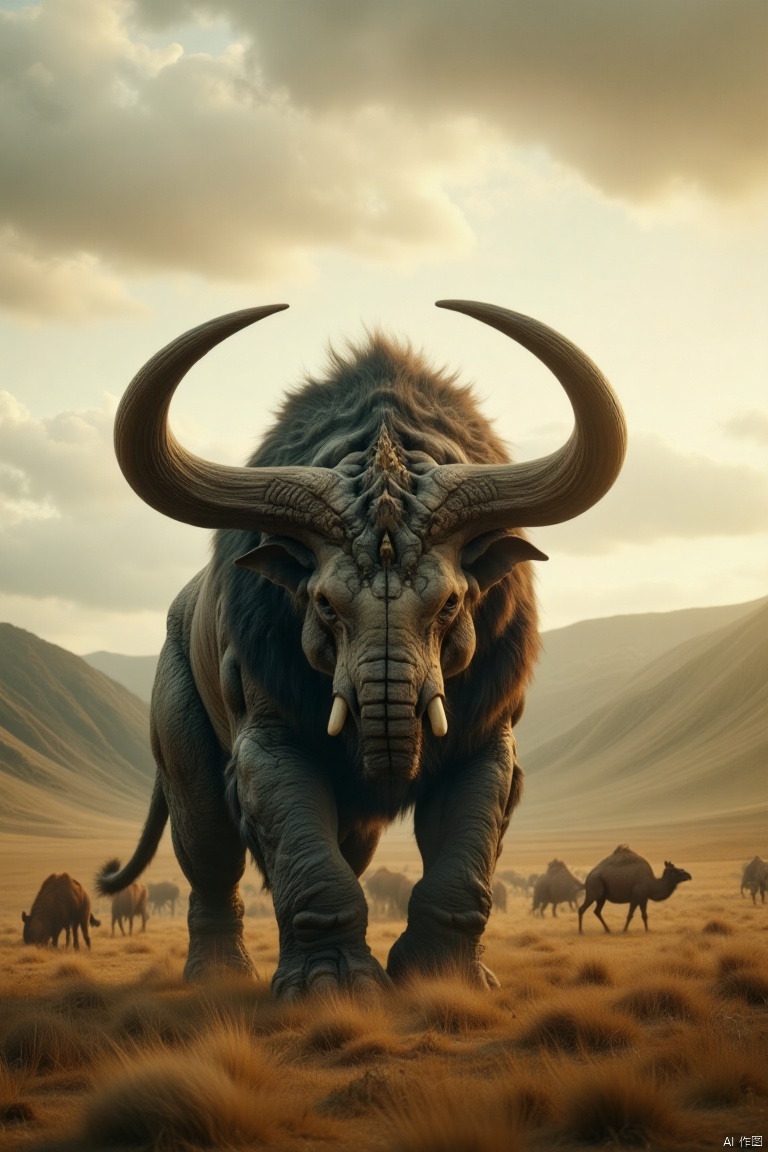 cinematic still . emotional, harmonious, vignette, highly detailed, high budget, bokeh, cinemascope, moody, epic, gorgeous, film grain, grainy, A photograph depicts a mystical creature standing on the grass, resembling an intermediate hybrid of elephants and yak. The creature has strong, textured skin covering its body, with upward-bending antlers on its head. Its head is adorned with a mane of hair, embedded deep in a rugged skull. The animal's eyes are deeply embedded into a jagged bone structure, while its face bears a lion-like appearance. The background features rolling hills and grazing animals like camels or similar creatures. The sky is mostly overcast, with gentle sunlight casting warm, golden light upon the scene, creating a tranquil and majestic atmosphere..guaishou.