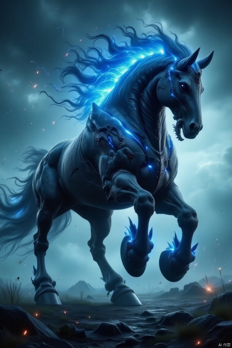 cinematic still This photo depicts a mythical and magical creature, resembling a dark armored horse. This horse is mostly black, with blue light emanating from its fur, especially on the mane and tail. The mane and tail are rotating and dynamic, giving it an energetic appearance. The horse's body is decorated with complex mechanical armor that highlights this feature. The blue light highlights this aspect of the armor. The background features a dramatic and stormy sky, with clouds covering the area, scattered sparks or ashes, suggesting a battle or a mysterious event. The ground appears uneven, featuring rocks and small plants. The overall atmosphere is strongly mysterious and powerful, and the horse seems to be propelled forward with immense force and energy. . emotional, harmonious, vignette, highly detailed, high budget, bokeh, cinemascope, moody, epic, gorgeous, film grain, grainy,guaishou.