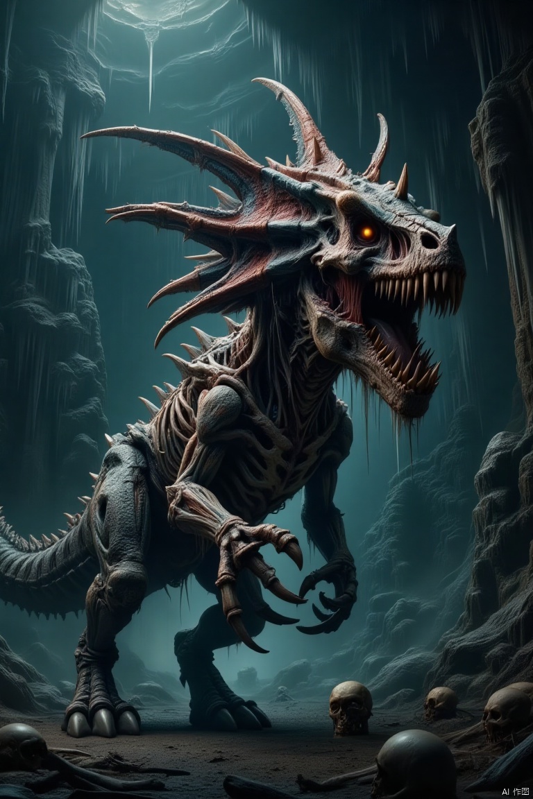 cinematic still A detailed and fantastical creature, resembling dinosaurs but with a clearly supernatural and decayed appearance. This creature has a bizarre design with a large head adorned with multiple corners. Its eyes are orange, giving it an eerie feeling. The body is a blend of organic and mechanical elements, with exposed bones and textured flesh already decaying. This creature stands in a dark cavern environment, with towering rock formations and hanging ice columns on the ceiling. On the ground, there are human skulls and bones scattered, suggesting a future or ancient battlefield atmosphere. The overall atmosphere is dark and ominous, with dim lighting and a sense of foreboding. . emotional, harmonious, vignette, highly detailed, high budget, bokeh, cinemascope, moody, epic, gorgeous, film grain, grainy.guaishou.