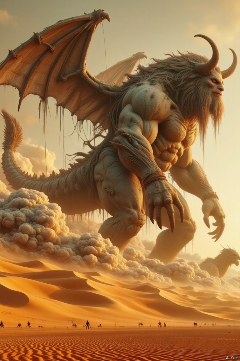 cinematic still A photograph depicts a surreal and supernatural scene set in a desert landscape. The central focus is a massive, imposing creature, resembling a demon, with muscular build, thick hair, and an elongated tail. It has wings and hangs on multiple strings attached to its body, giving it a rugged appearance. This creature emerges from the sand dunes, with its massive size towering over the landscape. In the background, there are other fantastical creatures, possibly dragons or mythical wild beasts, some of which can be seen through clouds and sand dunes. There's a dramatic cloud rotation at the bottom of the image, casting warm golden hues onto the entire scene. In the bottom right corner, there are small, distant figures riding camels across the deserts, adding scale and depth to the composition. The overall atmosphere is grand and beyond ordinary, featuring a fantasy creature and scenery that evoke a sense of adventure and mythological tales. . emotional, harmonious, vignette, highly detailed, high budget, bokeh, cinemascope, moody, epic, gorgeous, film grain, grainy,guaishou.