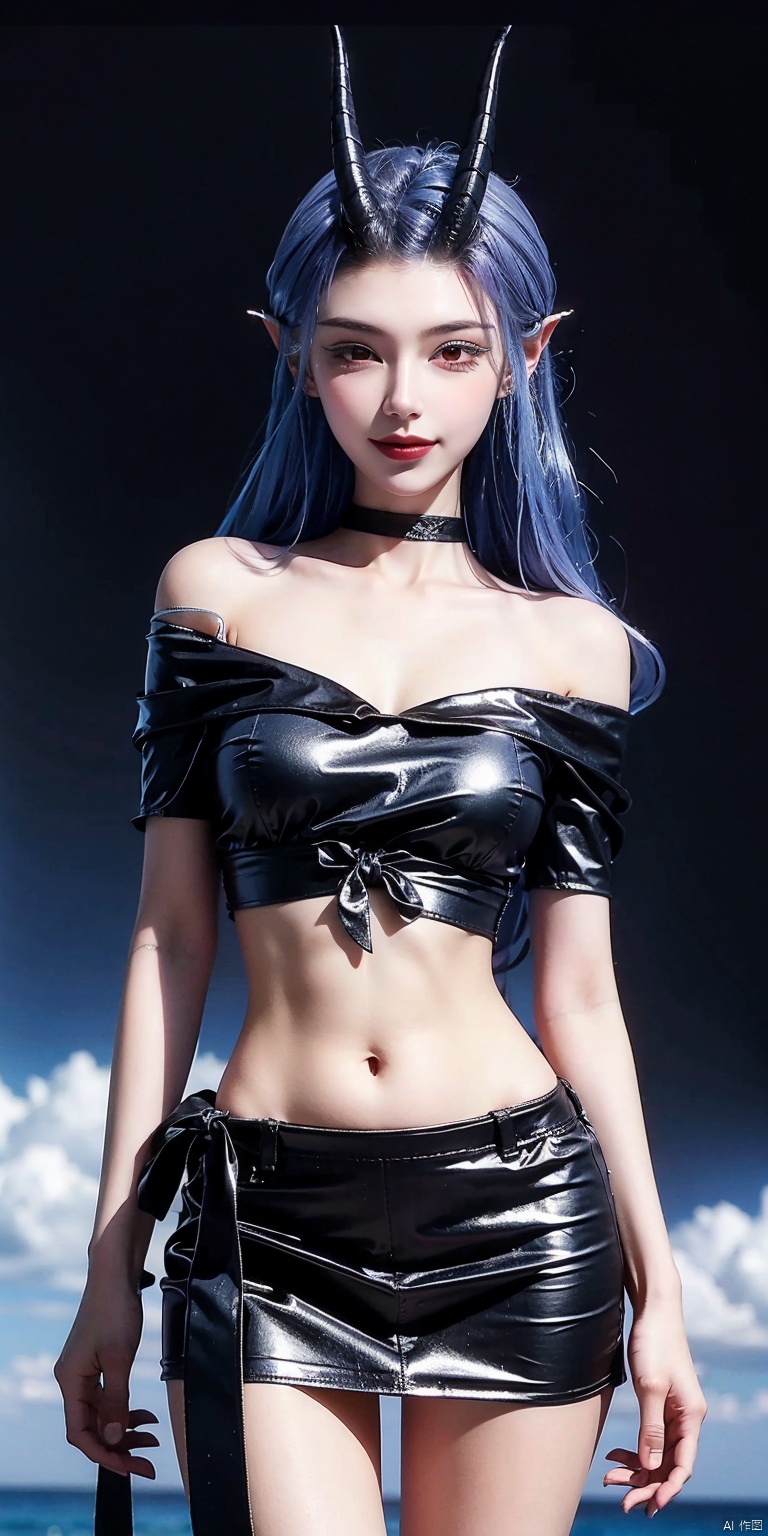 best quality, masterpiece, realistic,cowboy_shot,(Good structure), DSLR Quality,Depth of field,kind smile,looking_at_viewer,Dynamic pose, 
,Short skirt,Blue sky, white clouds, ocean, nai3, 1girl, solo, crop top, , choker, navel, shirt, midriff, crop top overhang, looking at viewer, white shirt, jewelry, breasts, bare shoulders, off-shoulder shirt, off shoulder, black choker, thighs, stomach, long hair, bracelet, short sleeves, ribbon, hand up, collarbone, hair ribbon, medium breasts, , bra strap, , hair ornament, thigh gap, necklace, expressionless, , ,aorun, blue hair,pointy ears,red eyes,horns